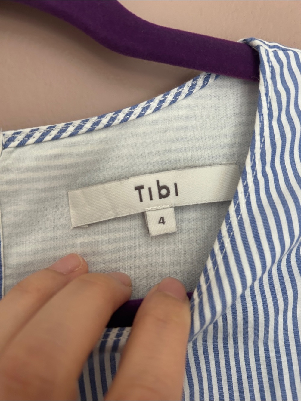 Tibi Elliot Striped Cotton Trapeze Dress Blue White Bell Sleeve Ruched Size 4 - Picture 12 of 14
